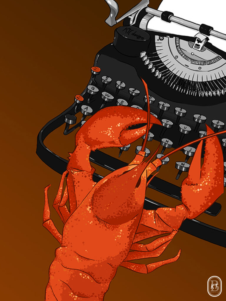 Digital illustration of a red lobster using a old fashion typewriter. Art by KT Brunstetter.