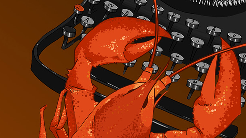 Preview image of digital illustration of a red lobster using a old fashion typewriter. Art by KT Brunstetter.