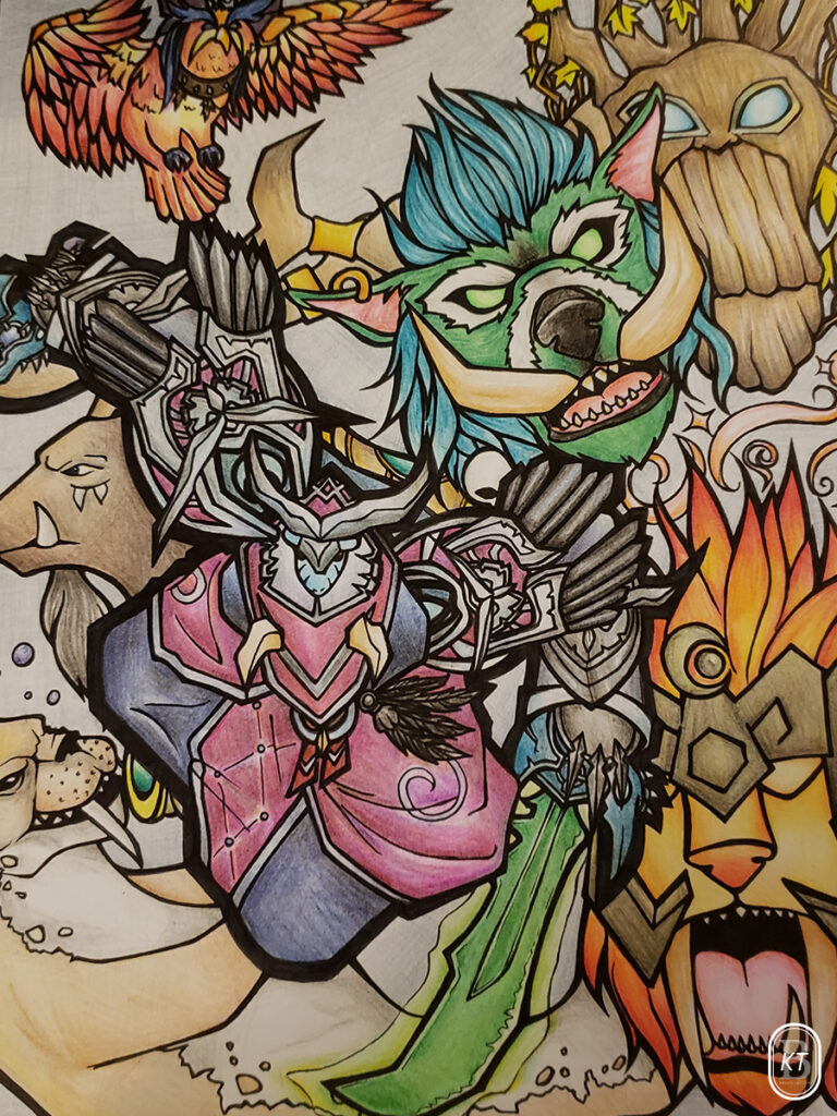 World of Warcraft druid character and his various animal forms. Art by KT Brunstetter